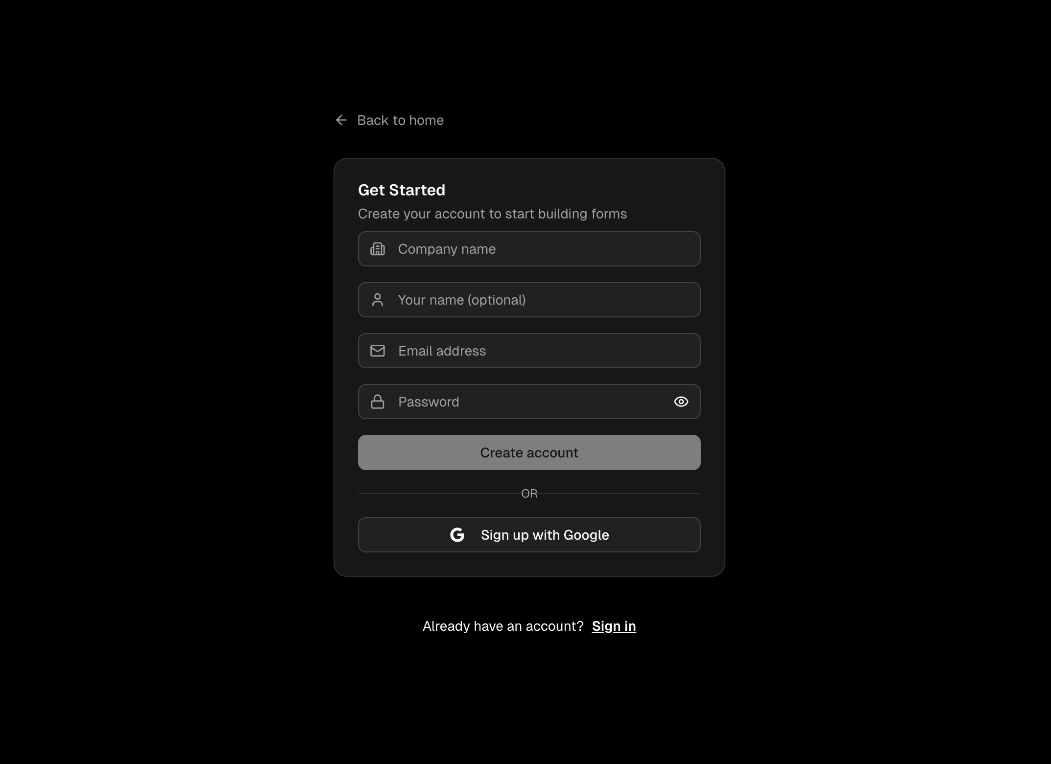 Sign up form — enter your company name, email, and password